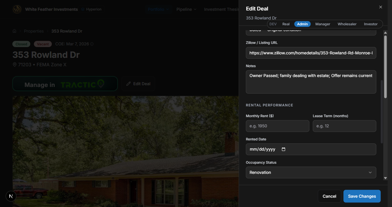Edit panel showing Rental Performance section with empty fields