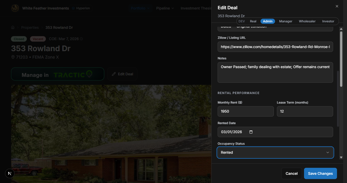 Rental Performance fields filled with $1,950 rent, 12 month lease, Rented status